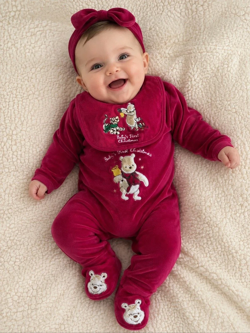 Vintage Classic Pooh Disney Baby First Christmas Velour Set 3pc Romper Bib Y2K